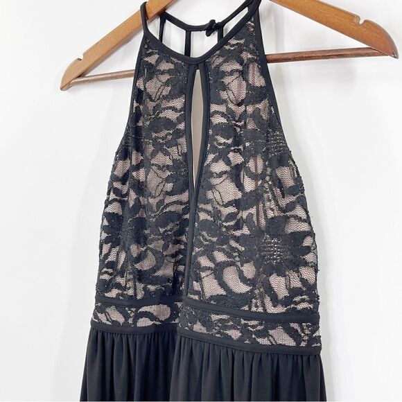 Morgan & Co. Lace Keyhole Strappy Back Dress Black Nude - Picture 7 of 9